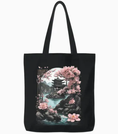 Japanese Chinese Temple Sakura Cherry Blossom Landscape T-Shirt, Black Tote Bags - Black