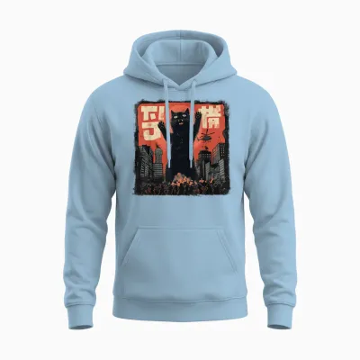 Vintage Japanese Cat Kaiju Monster Art Japan Retro Style T-Shirt, Black Unisex Hoodie - Light Blue