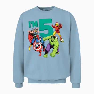 Kids Marvel Avengers Cute 5th Birthday I'm 5 T-Shirt, Black Unisex Sweatshirt - Light Blue