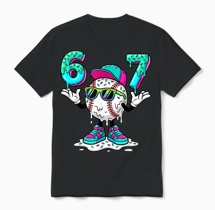 67 Meme Six Seven 6 7 Meme Funny Baseball Ice Cream Drip Unisex T-Shirt in Black