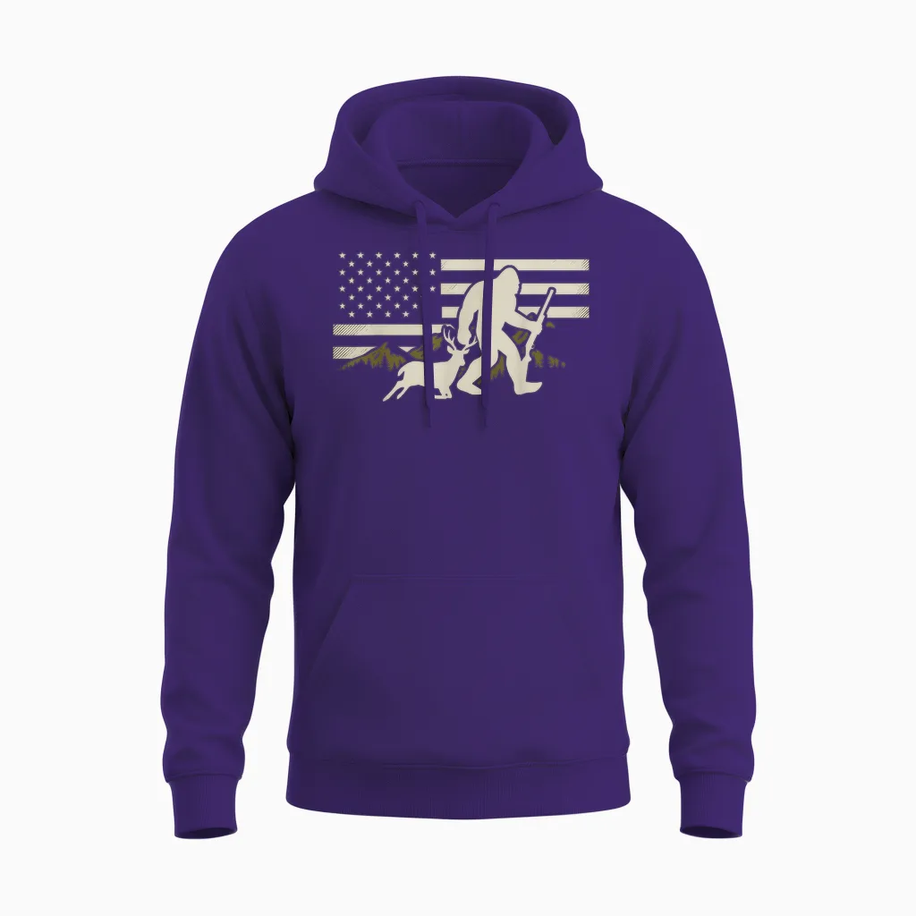 Bigfoot Deer Hunting Usa Flag Deer Hunting Buck Season Unisex Hoodie in Purple