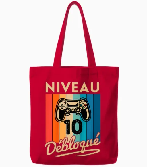 Gift Boy 10 Years Birthday Gamer Level 10 Humor Tote Bags - Red