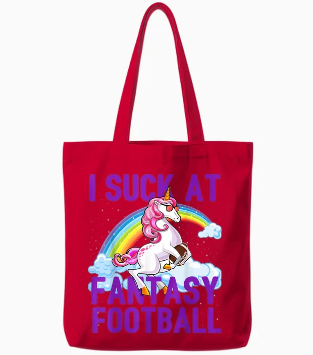 I Suck at Fantasy Football Unicorn Rainbow Loser Men Gift Tote Bags in Red