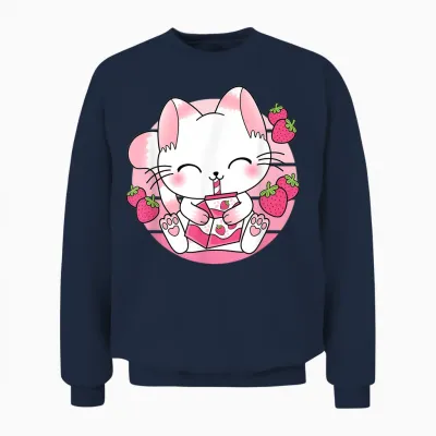 Süße Japanische Anime Kawaii Erdbeermilch Katze Manga Otaku Unisex Sweatshirt - Navy