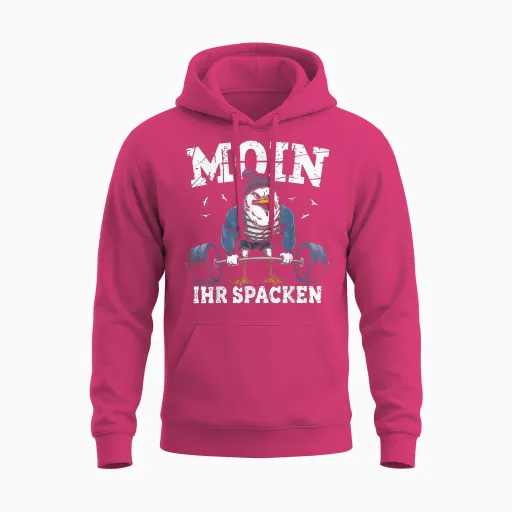 Funny Moin Ihr Spacken Bodybuilding Seagull Fitness Gym Moin Unisex Hoodie in Heliconia