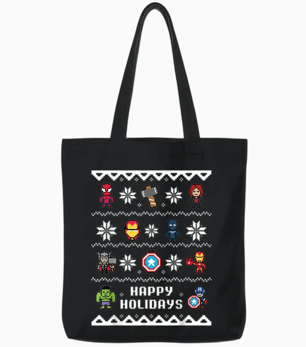 Marvel Avengers Christmas Sweater Happy Holidays Tote Bags in Black