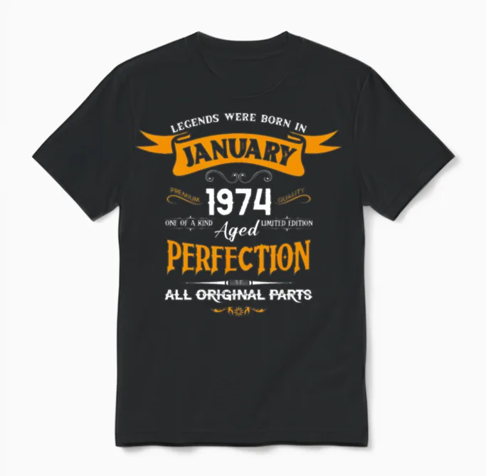 Legends Were Born in January 1974 Unisex T-Shirt in Black