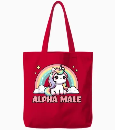 Funny Ironic Men Cute Alpha Male Unicorn T-Shirt, Black, S Tote Bags - Red