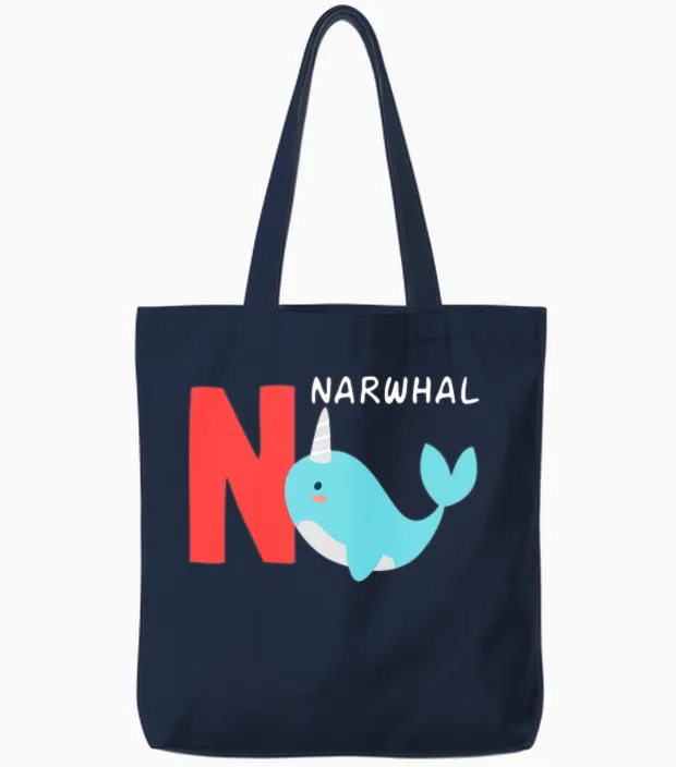 Narwhal Funny Alphabet Tote Bags in Navy