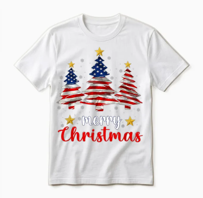 Merry Christmas Tree American Flag Funny Us Flag Xmas Pajama Unisex T-Shirt in White