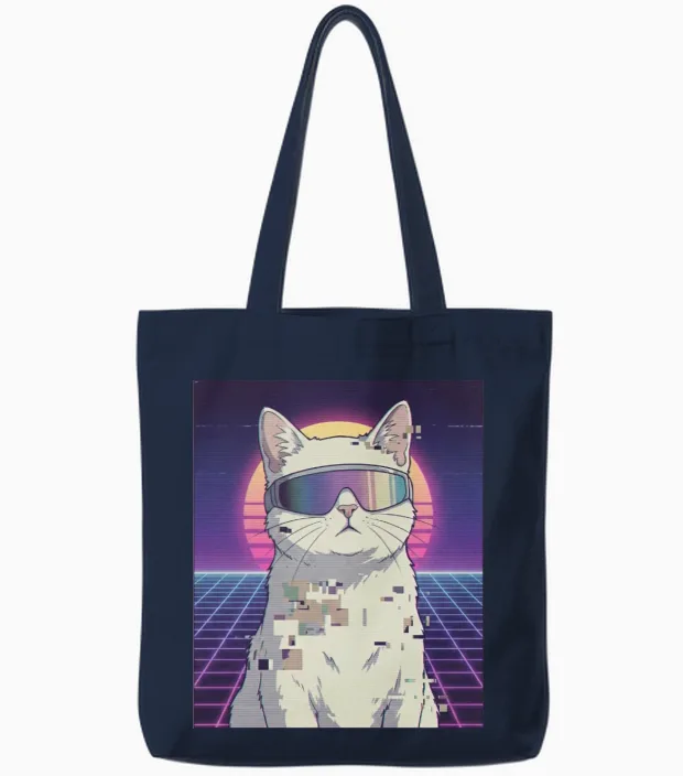 Retro Neon Cat - Lovers Tote Bags - Navy