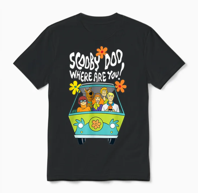 Scooby-Doo Vintage the Mystery Machine Floral Where Are You! Unisex T-Shirt in Black