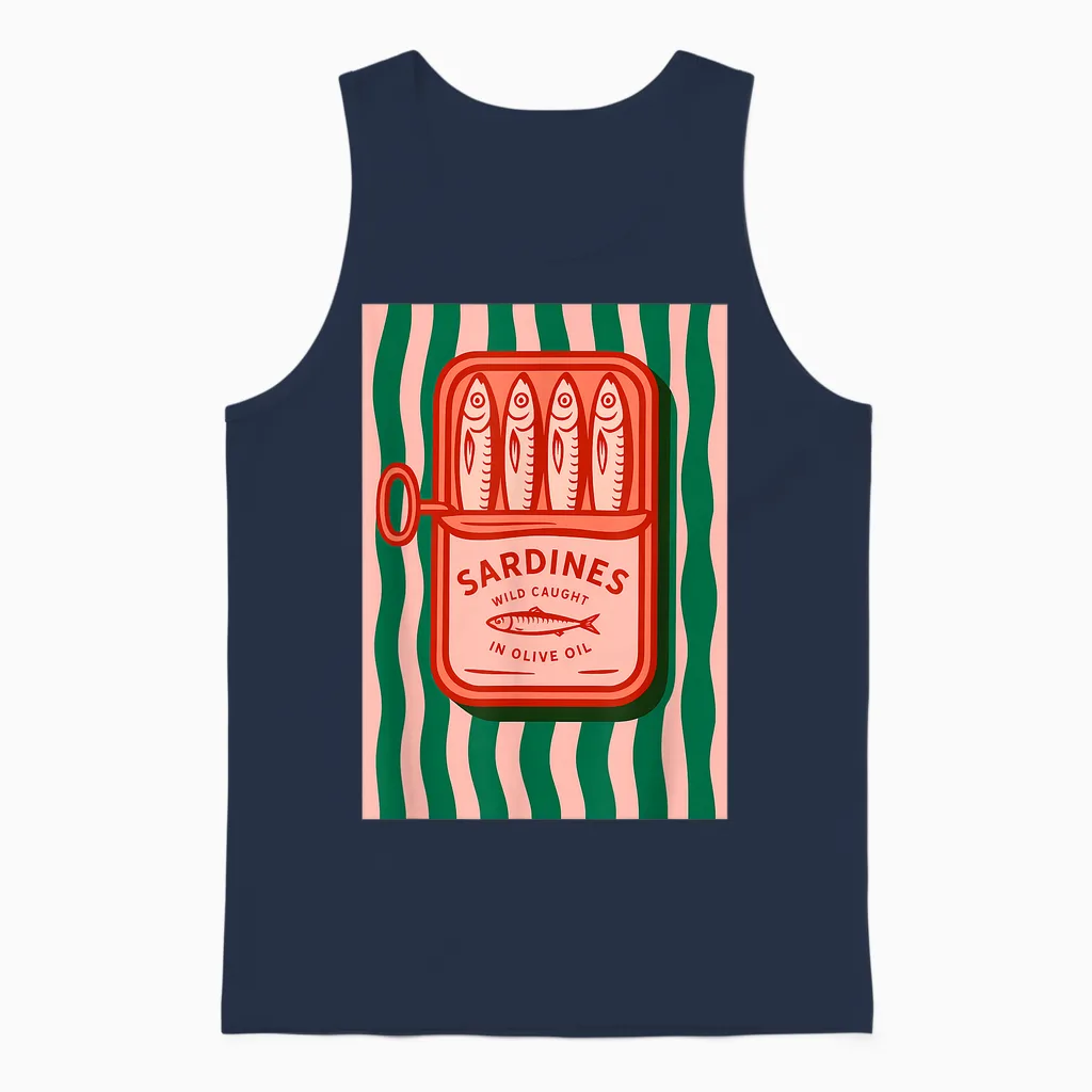 Retro Graphic Summer Fish Tin Sardines for Men Women Unisex Tank Top in Navy