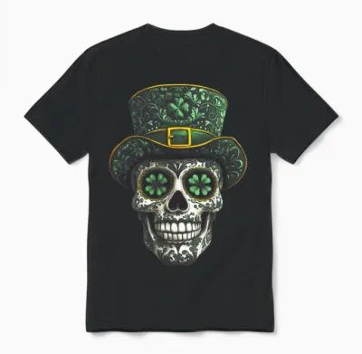 Sugar Skull St Patrick Day of the Dead Lucky Shamrock Clover Unisex T-Shirt - Black