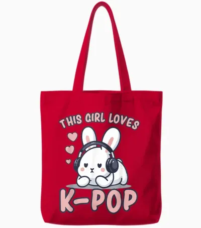 K-Pop | This Girl Loves K-Pop | Rabbit K-Pop for Girls T-Shirt, Black Tote Bags - Red