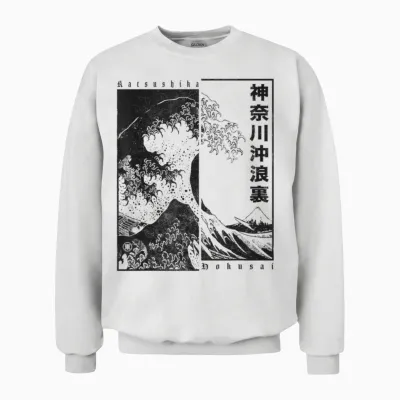 Japan Style Katsushika Hokusai the Great Wave off Kanagawa T-Shirt, White Unisex Sweatshirt - White