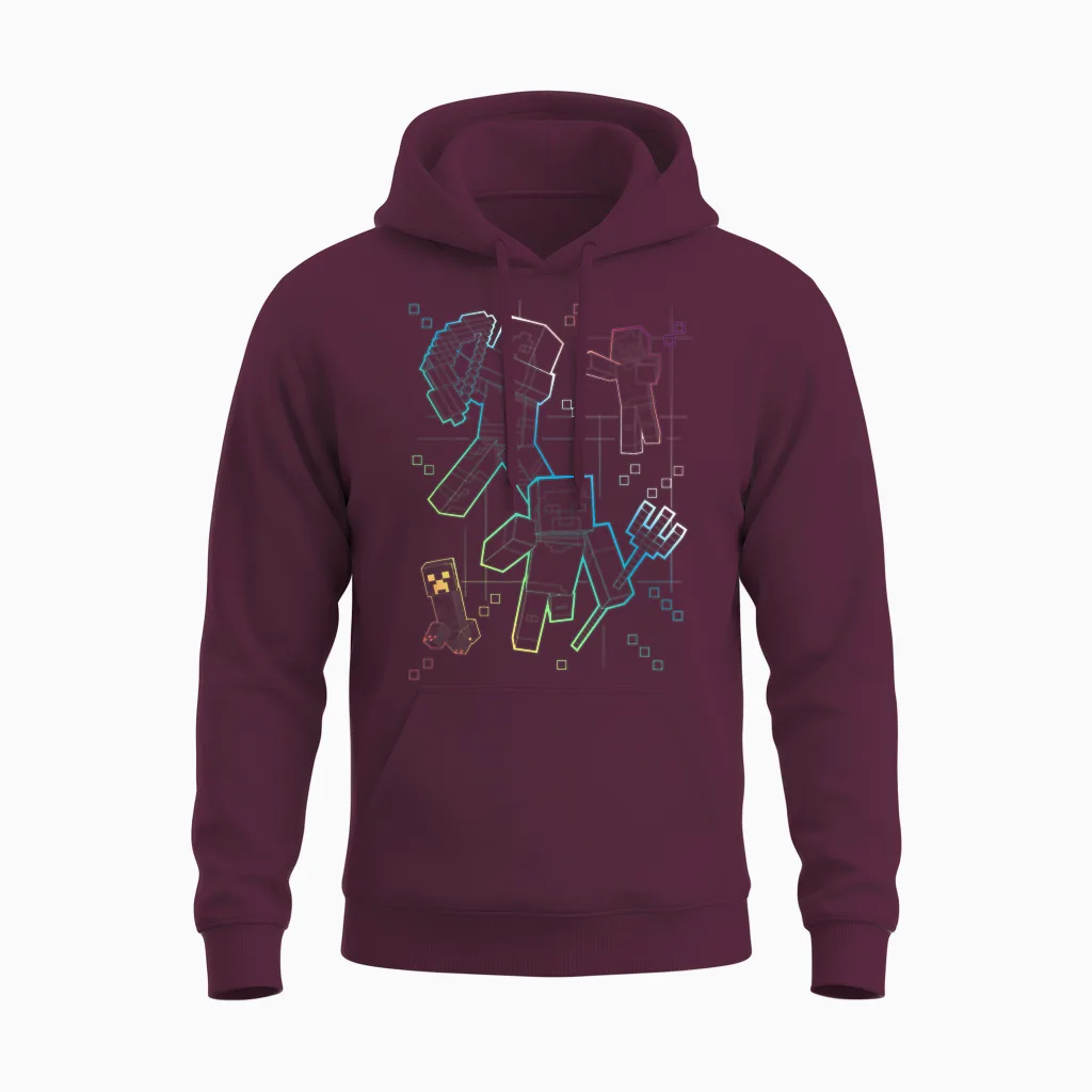Minecraft Group Shot Rainbow Collage T-Shirt, Black Unisex Hoodie in Maroon