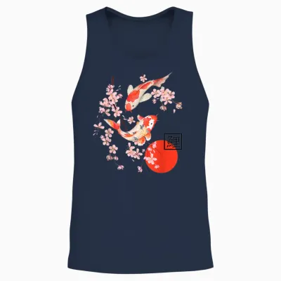 Cherry Blossom Koi Carp Fish Japanese Sakura Art Graphic Unisex Tank Top - Navy