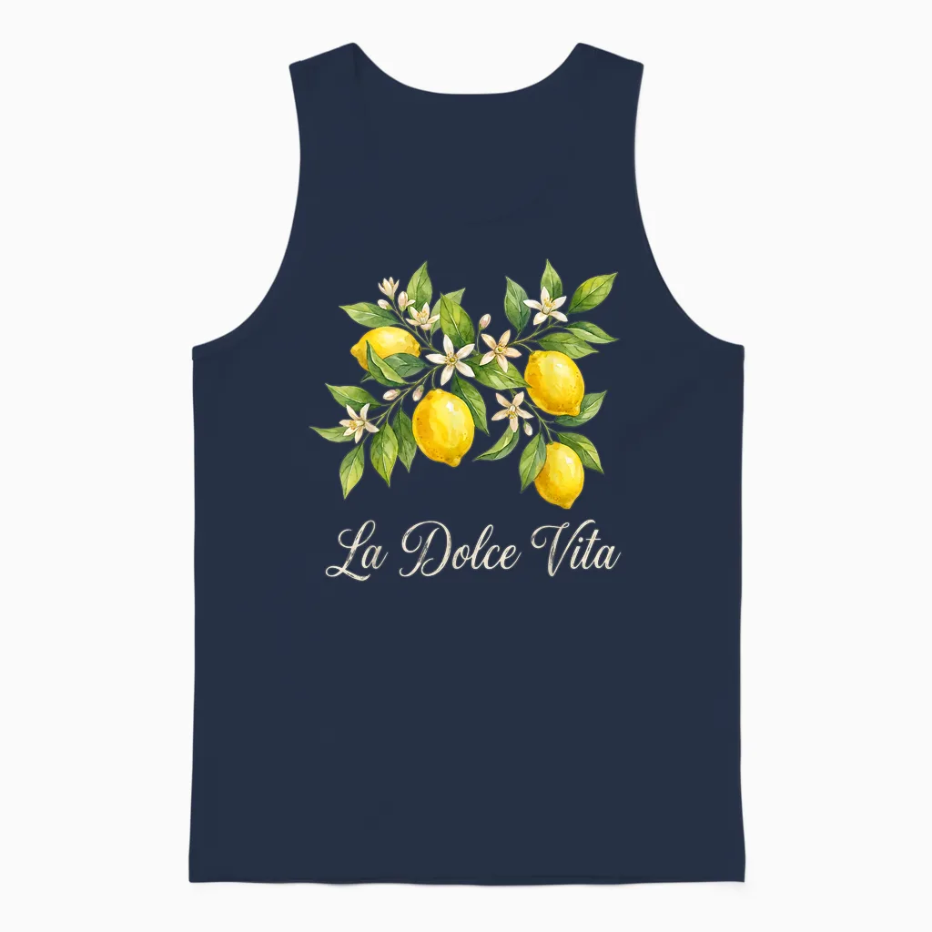 La Dolce Vita Lemon Italian Summer Limoncello Amalfi Coast Unisex Tank Top in Navy