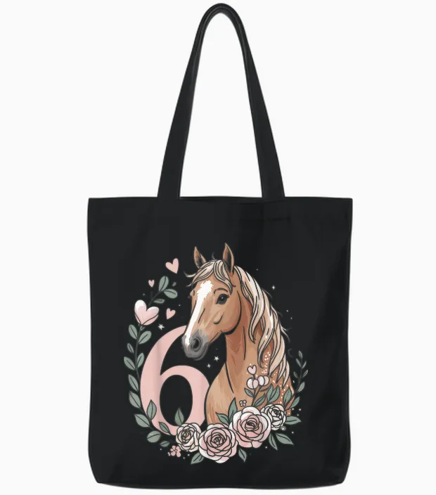 6th Birthday Horse Girl 6 Years Horse Decoration Riding Pony Tote Bags in Black