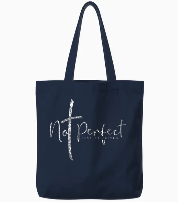 Christian Not Perfect Just Forgiven Men's and Women's T-Shirt, Black Tote Bags in Navy