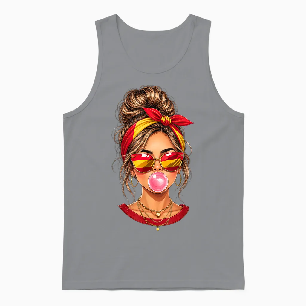 Spanisches Mädchen Messy Bun Bubblegum Spanien Flagge Reise Unisex Tank Top in Sport Grey