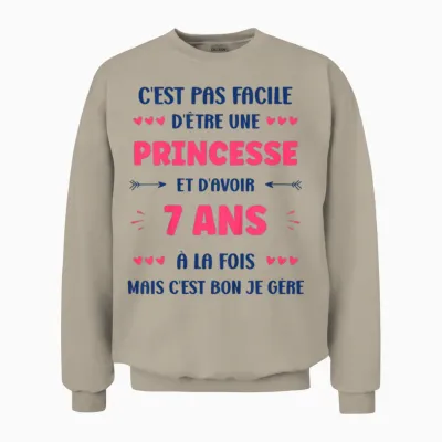 Child Girl 7 Years Child Princess Birthday Humour 7 Years T-Shirt, White, 2 Unisex Sweatshirt - Sand
