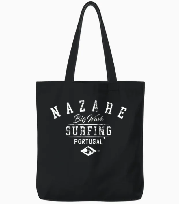 Nazare Big Wave Surfing Portugal Used Look Tote Bags in Black