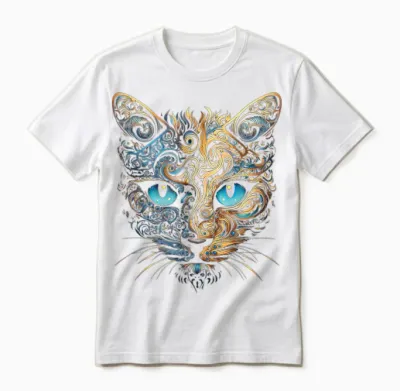 Cat Fantasy Blue Eyes Mandala Animal Art Cat T-Shirt, Black Unisex T-Shirt - White