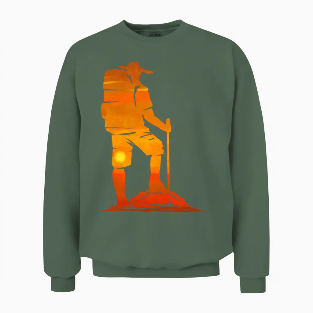 Backpacker in the Sunset While Hiking Unisex Sweatshirt - Military Green