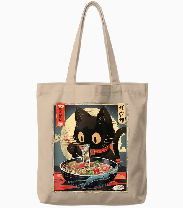 Cat Ramen Manga Anime for Kids Boys Girls Teens Kawaii Cat Eating Ramen Noodles Anime Gift Girls Teens Tote Bags in Natural