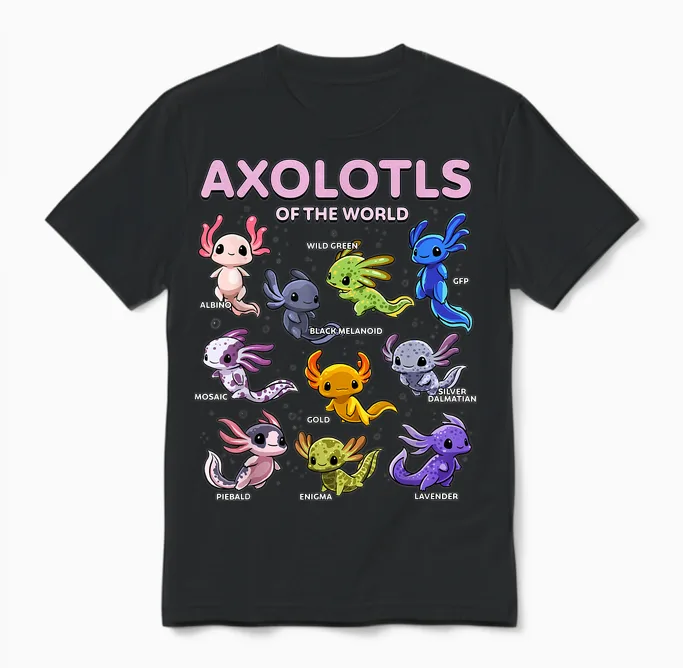 Axolotl Kawaii Shirt Axolotls of the World Axolotl Animals T-Shirt, Black, S Unisex T-Shirt in Black