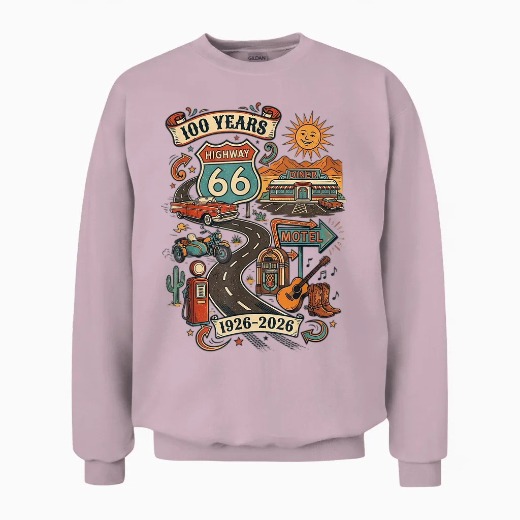 Highway 66 100 Years Centennial 1926-2026 Road Trip Vintage Unisex Sweatshirt in Light Pink