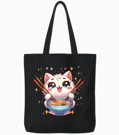 Katze Ramen Essen Nudeln Manga Anime Japanisch Kawaii Cute T-Shirt, Black Tote Bags - Black