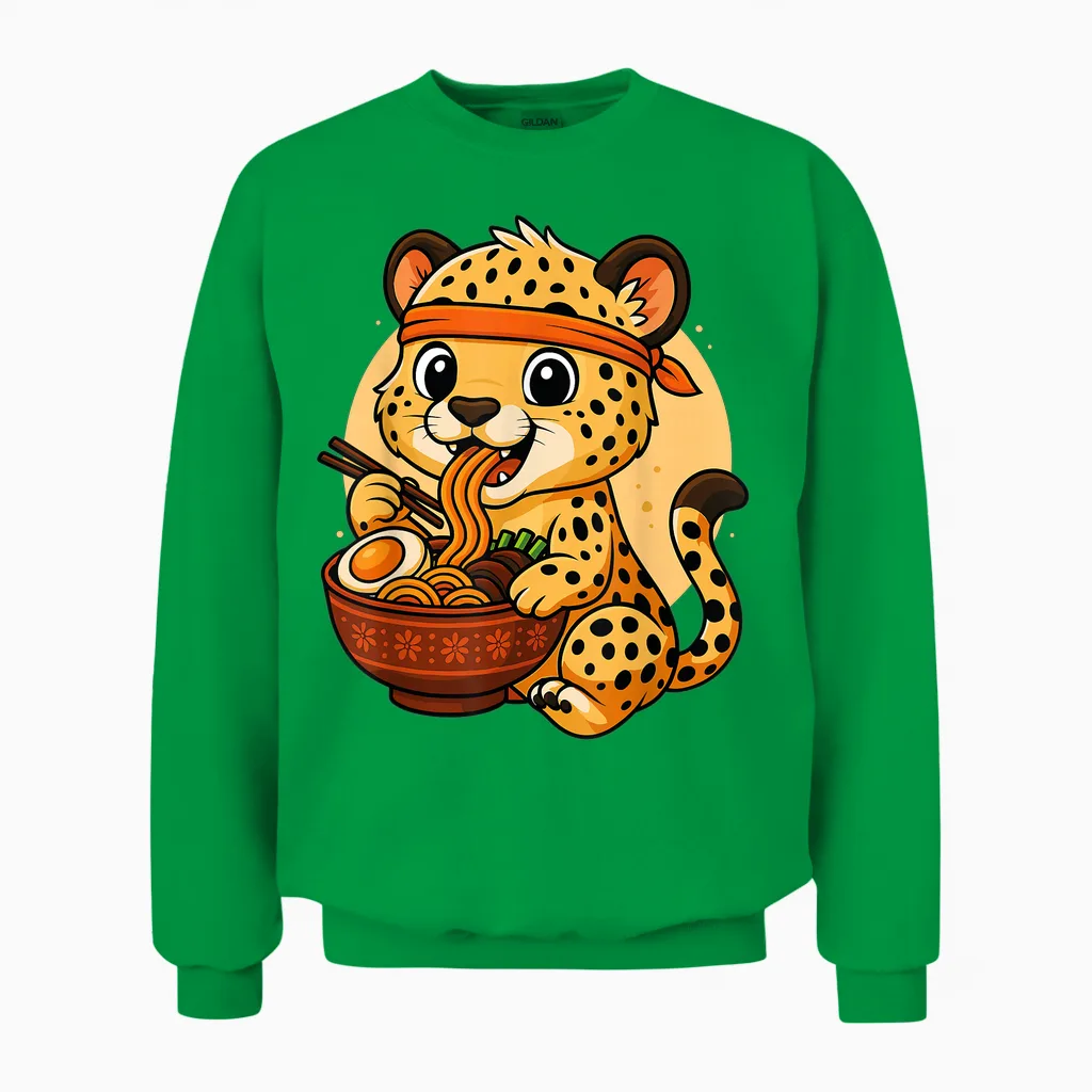 Graphique Guépard Japonais Mangeant Des Ramen Kawaii Unisex Sweatshirt in Irish Green