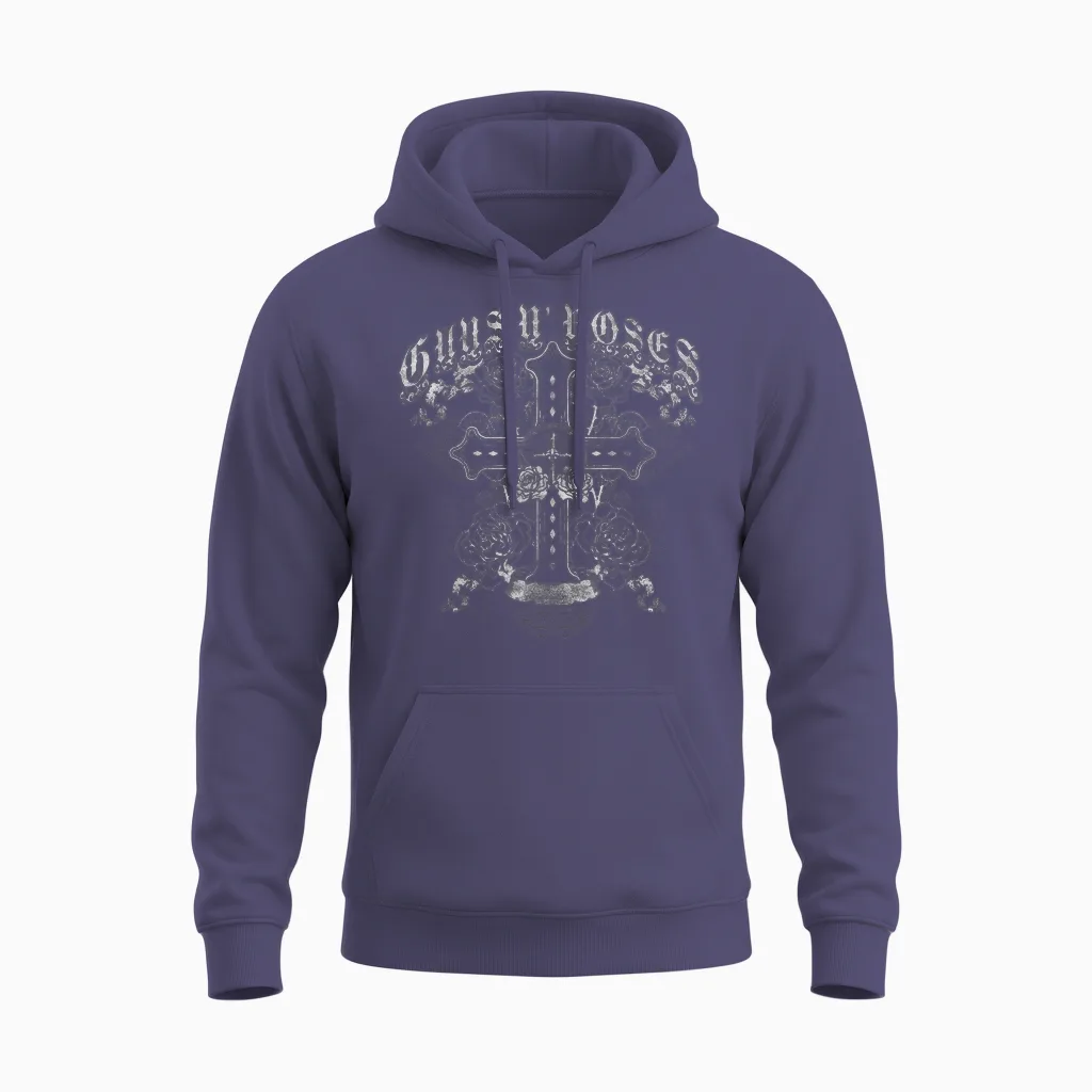 Guns N' Roses Official Vintage Cross White T-Shirt, Black Unisex Hoodie in Heather Sport Dark Navy