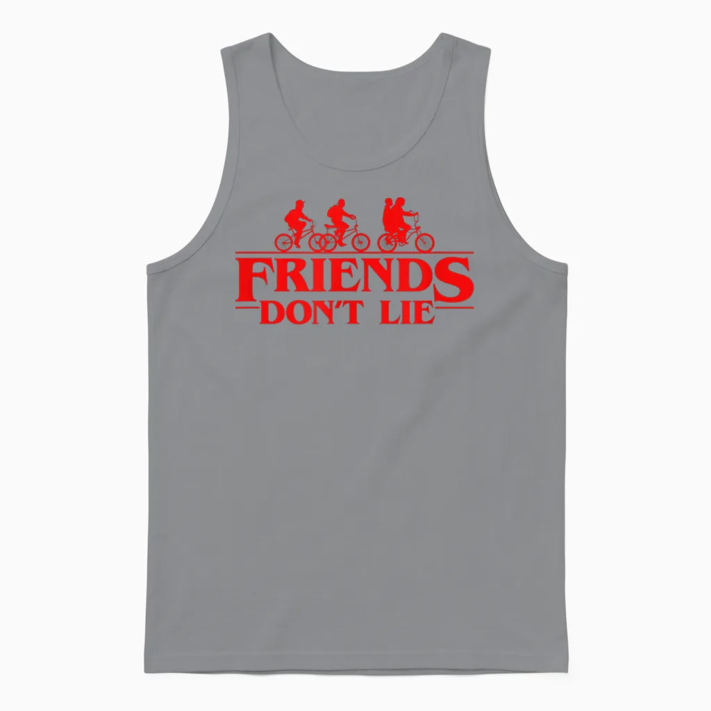 Stranger Things Group Shot Red Friends Don't Lie Unisex Tank Top in Sport Grey