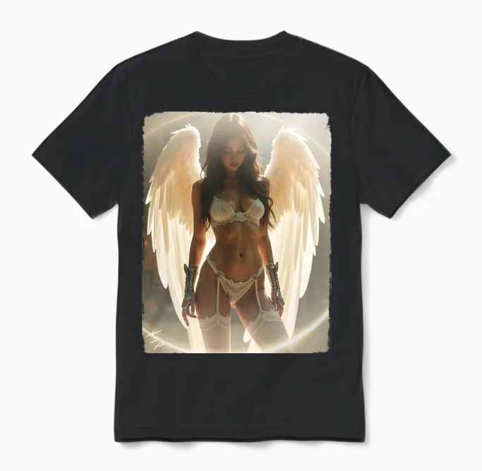 Sexy Brunette Angel Pinup Girl Long Sleeve Print Unisex T-Shirt in Black