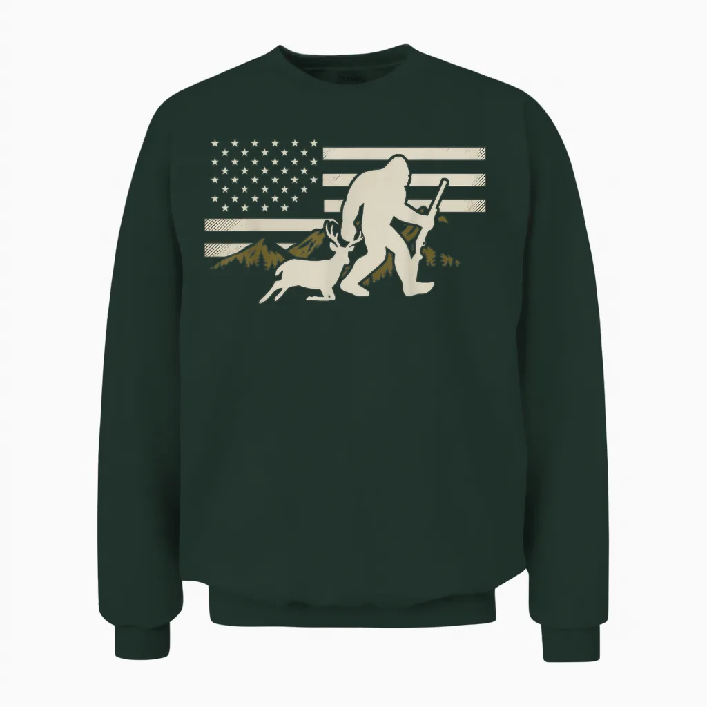 Bigfoot Deer Hunting Usa Flag Deer Hunting Buck Season Unisex Sweatshirt in Forest