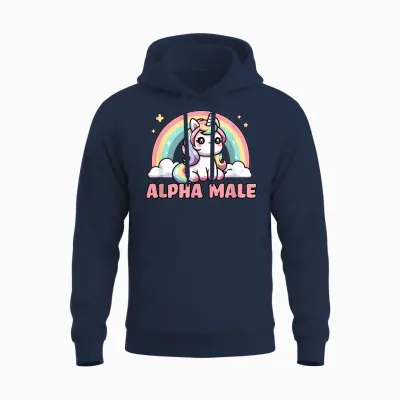 Funny Ironic Men Cute Alpha Male Unicorn T-Shirt, Black, S Unisex Hoodie - Navy