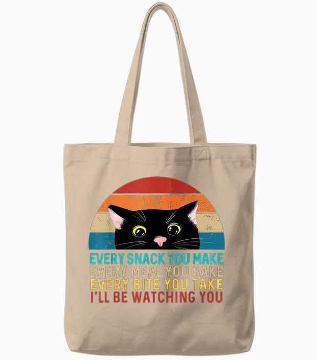 Black Cat Themed Every Snack You Make Retro Peeking Cat Tote Bags in Natural
