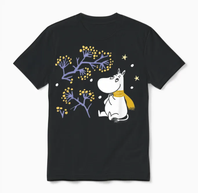 Moomin Moomintroll Look the Snow Winter T-Shirt, Black, S Unisex T-Shirt in Black