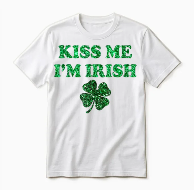 Kiss Me I'm Irish Funny Men Women Kids St Patricks Day Unisex T-Shirt in White