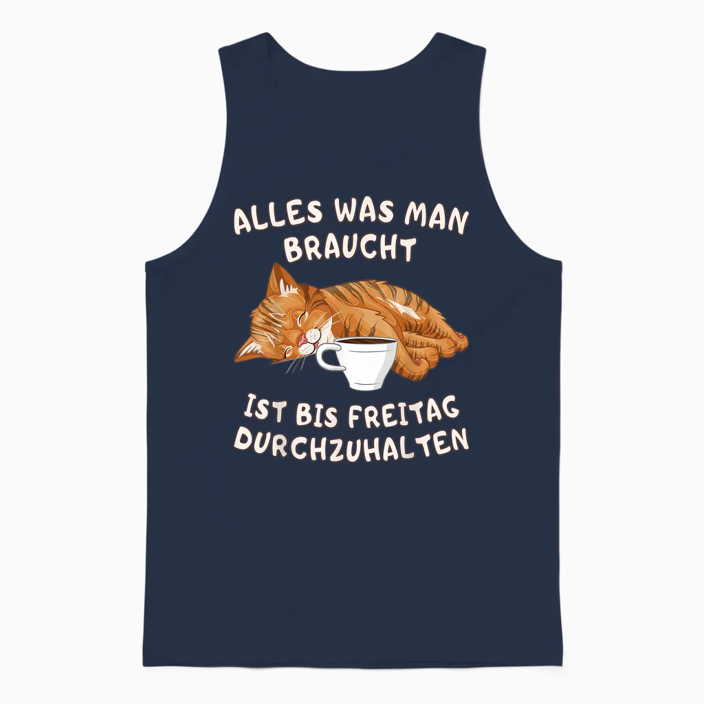 Müde Katze Mit Kaffee Lustiger Spruch über Arbeit Unisex Tank Top in Navy