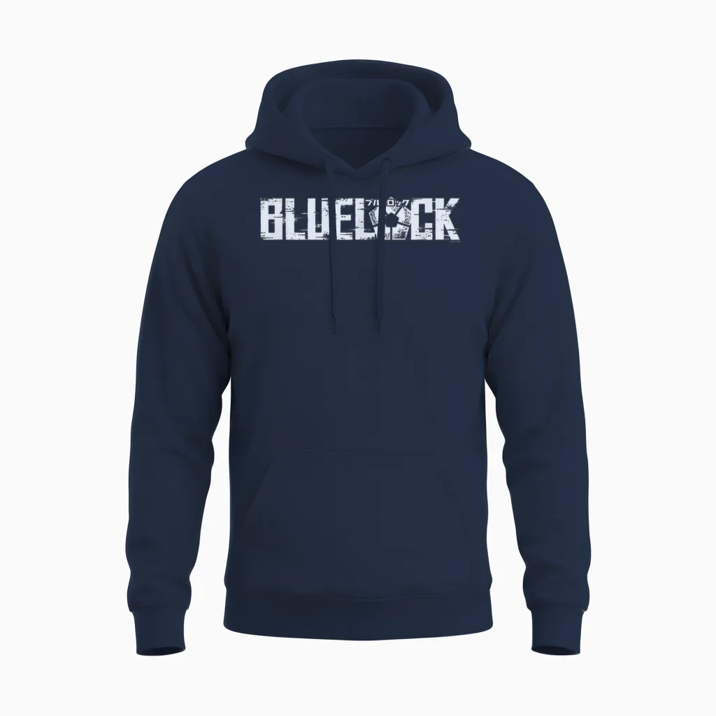Blue Lock Official Epic Bold Distressed Glitch Chest Logo Unisex Hoodie in Navy