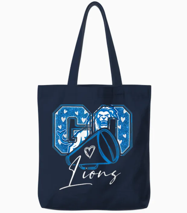 Go Cheer Lions Design Shirt for Men Women Girls Tote Bags in Navy