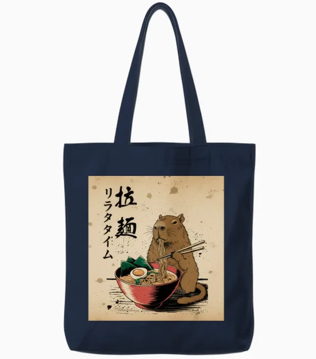 Capybara Ramen Time Art Tote Bags in Navy