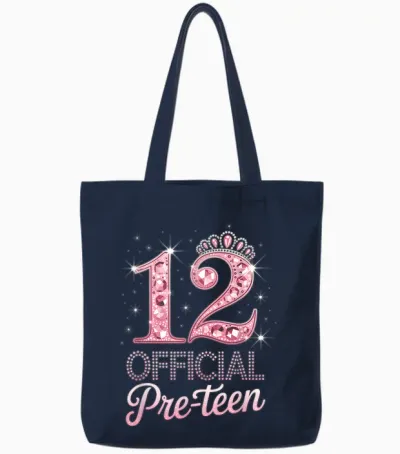12 Official Pre-Teen Pink Crown Happy 12th Birthday for Girl Tote Bags - Navy