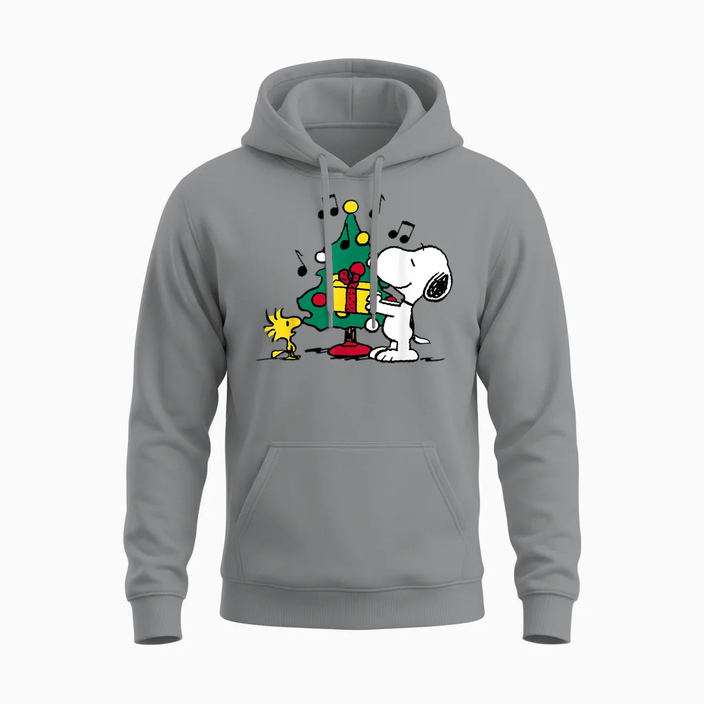 Peanuts Snoopy and Woodstock Holiday Christmas Tree Unisex Hoodie in Sport Grey