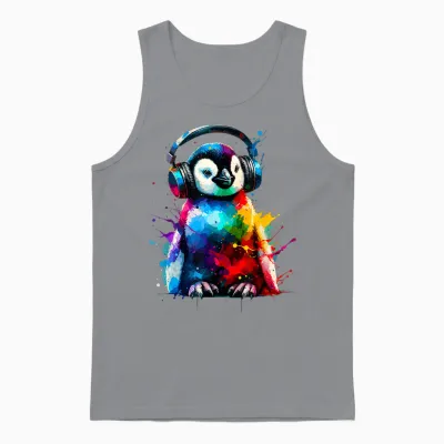 Colorful Splash Art Penguin Headphones Penguins T-Shirt, Black Unisex Tank Top - Sport Grey